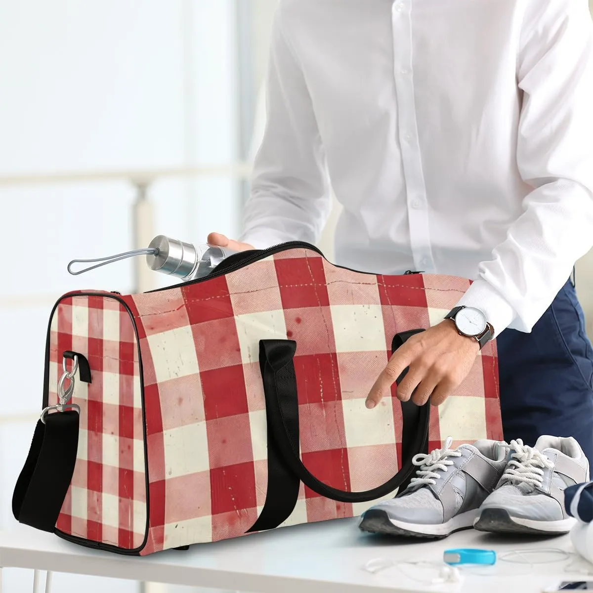Red Buffalo Check Travel Duffle Bag for Women Men Gym Duffel Foldable Bag Waterproof Weekender Rustic Christmas Plaid Duffle Tote