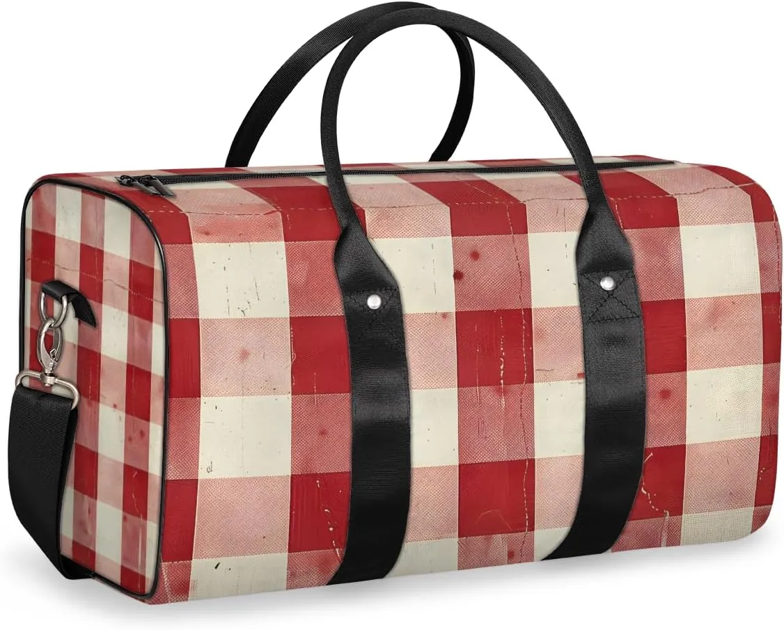 Red Buffalo Check Travel Duffle Bag for Women Men Gym Duffel Foldable Bag Waterproof Weekender Rustic Christmas Plaid Duffle Tote