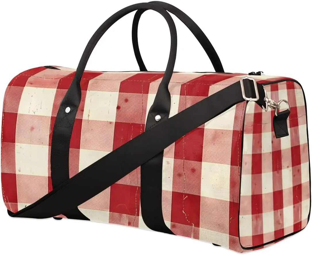 Red Buffalo Check Travel Duffle Bag for Women Men Gym Duffel Foldable Bag Waterproof Weekender Rustic Christmas Plaid Duffle Tote