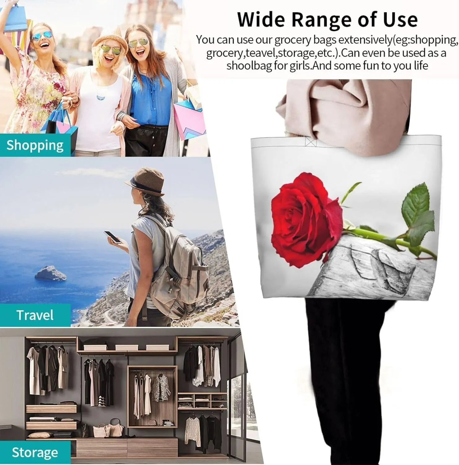 Red Roses Flowers Valentine Love Tote Bag Shopping Bag Portable Handbags Tote Shoulder Bucket Bags for Women