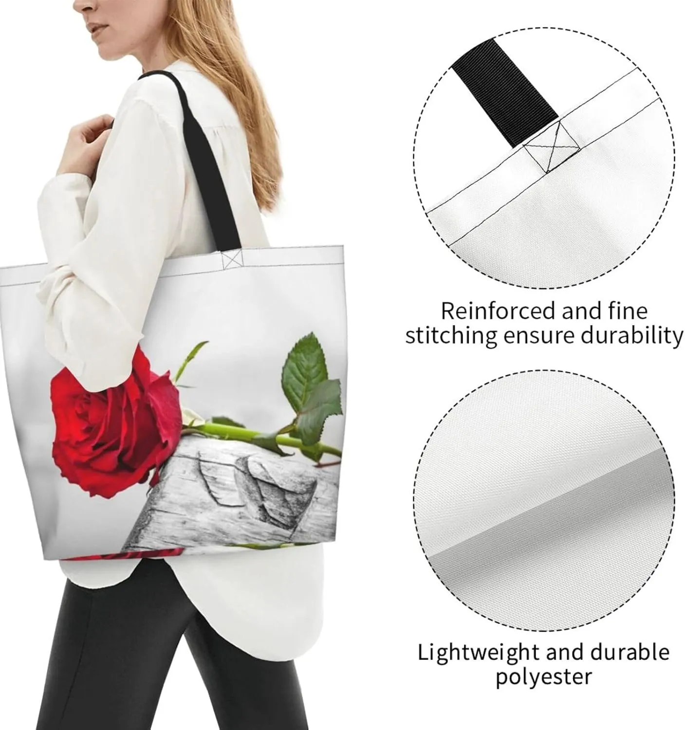 Red Roses Flowers Valentine Love Tote Bag Shopping Bag Portable Handbags Tote Shoulder Bucket Bags for Women