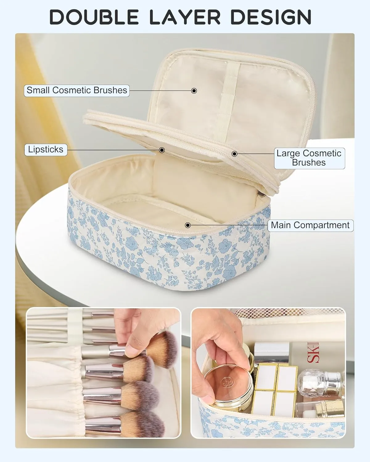 Relavel Travel Makeup Bag, Small Floral Cosmetic Bag with Makeup Brush Compartment, Portable Makeup Pouch for Women, Double Layer Makeup Organizer Bag Cute Toiletry Bag