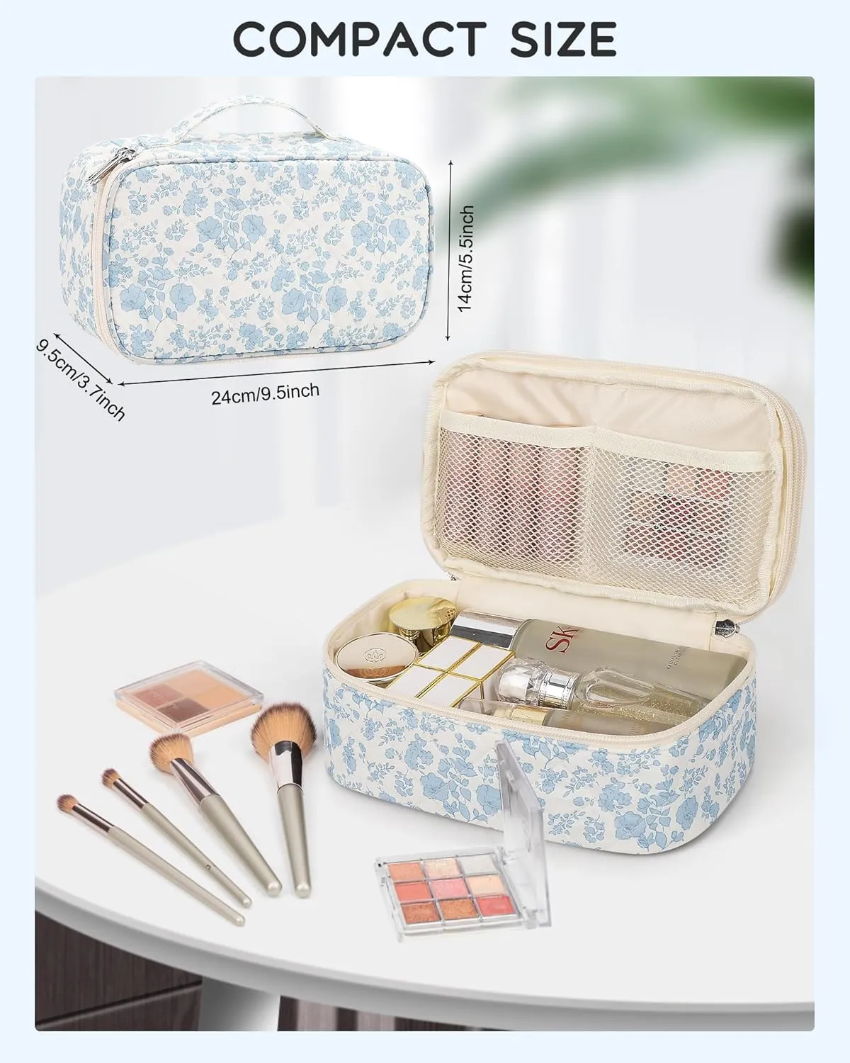 Relavel Travel Makeup Bag, Small Floral Cosmetic Bag with Makeup Brush Compartment, Portable Makeup Pouch for Women, Double Layer Makeup Organizer Bag Cute Toiletry Bag
