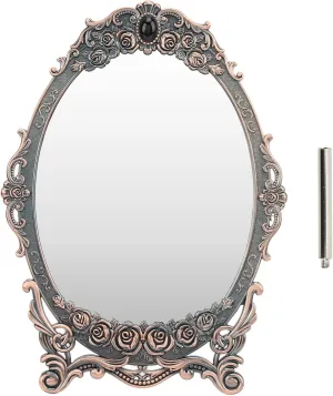 Retro Desktop Makeup Mirror, Floral Embossed Retro Desktop Makeup Mirror for Home Bathroom Bedroom Decorative (Red Copper)