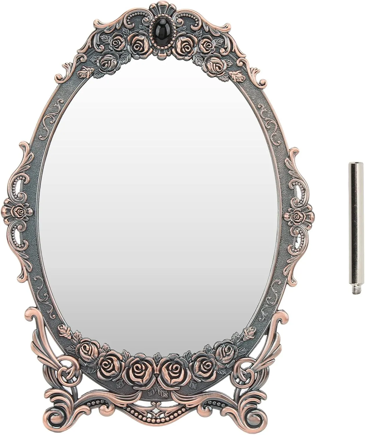Retro Desktop Makeup Mirror, Floral Embossed Retro Desktop Makeup Mirror for Home Bathroom Bedroom Decorative (Red Copper)