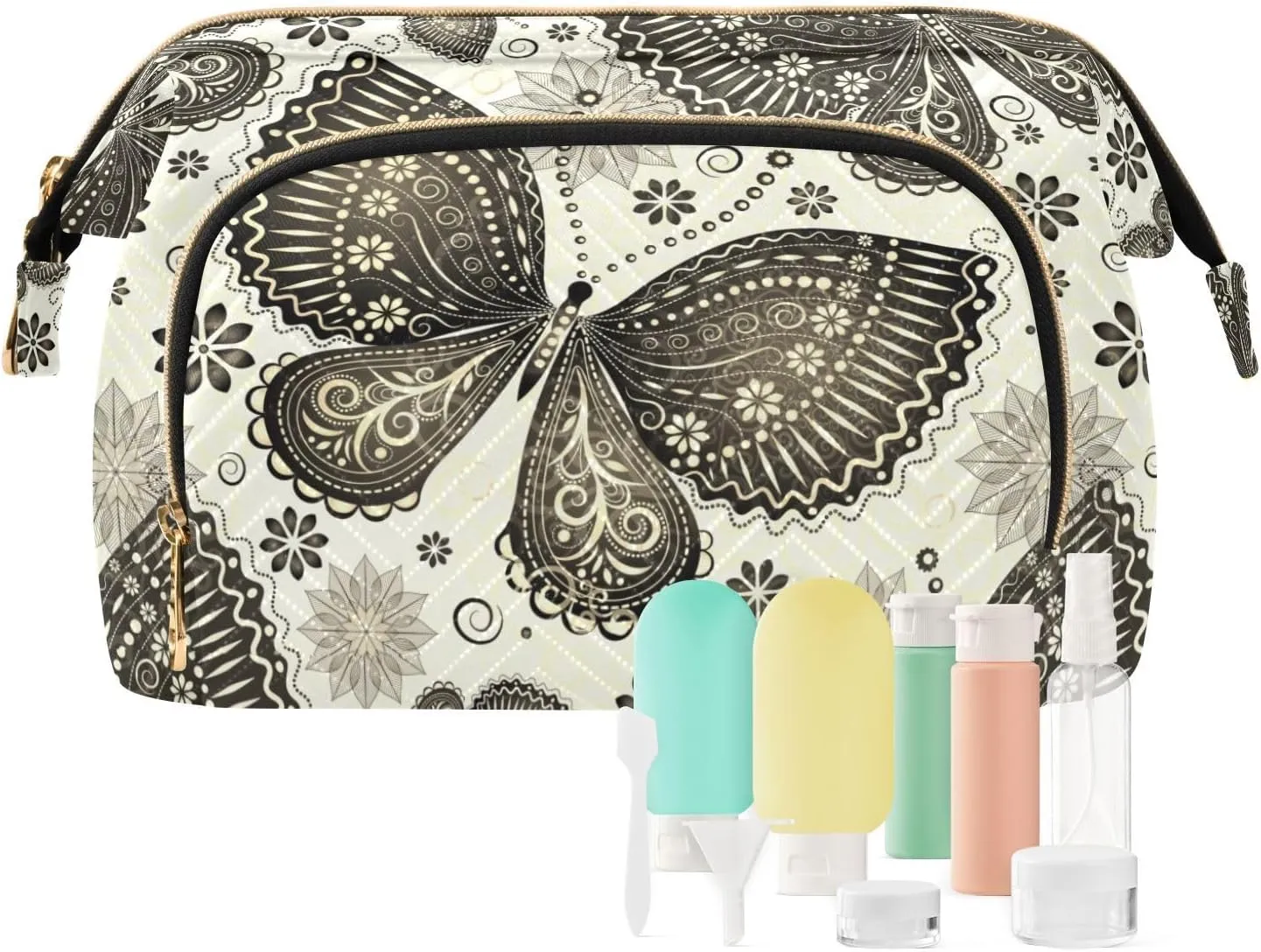 Retro Vintage Butterflies and Floral Flowers on White Women Cosmetic Bag Makeup Bag Stylish Trip Beauty Bag Travel Toiletry Bag with Bottle Organizer 10.2 x 5.9 x 6.7 inch