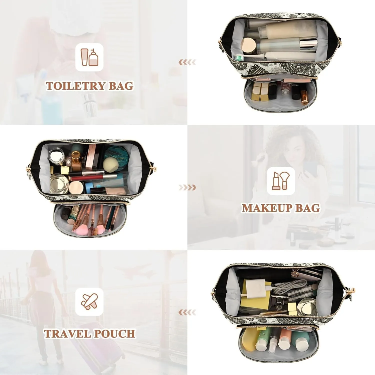 Retro Vintage Butterflies and Floral Flowers on White Women Cosmetic Bag Makeup Bag Stylish Trip Beauty Bag Travel Toiletry Bag with Bottle Organizer 10.2 x 5.9 x 6.7 inch