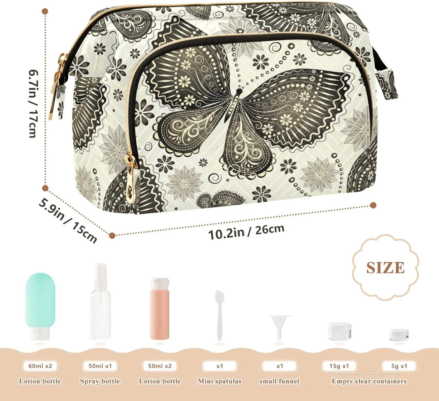 Retro Vintage Butterflies and Floral Flowers on White Women Cosmetic Bag Makeup Bag Stylish Trip Beauty Bag Travel Toiletry Bag with Bottle Organizer 10.2 x 5.9 x 6.7 inch
