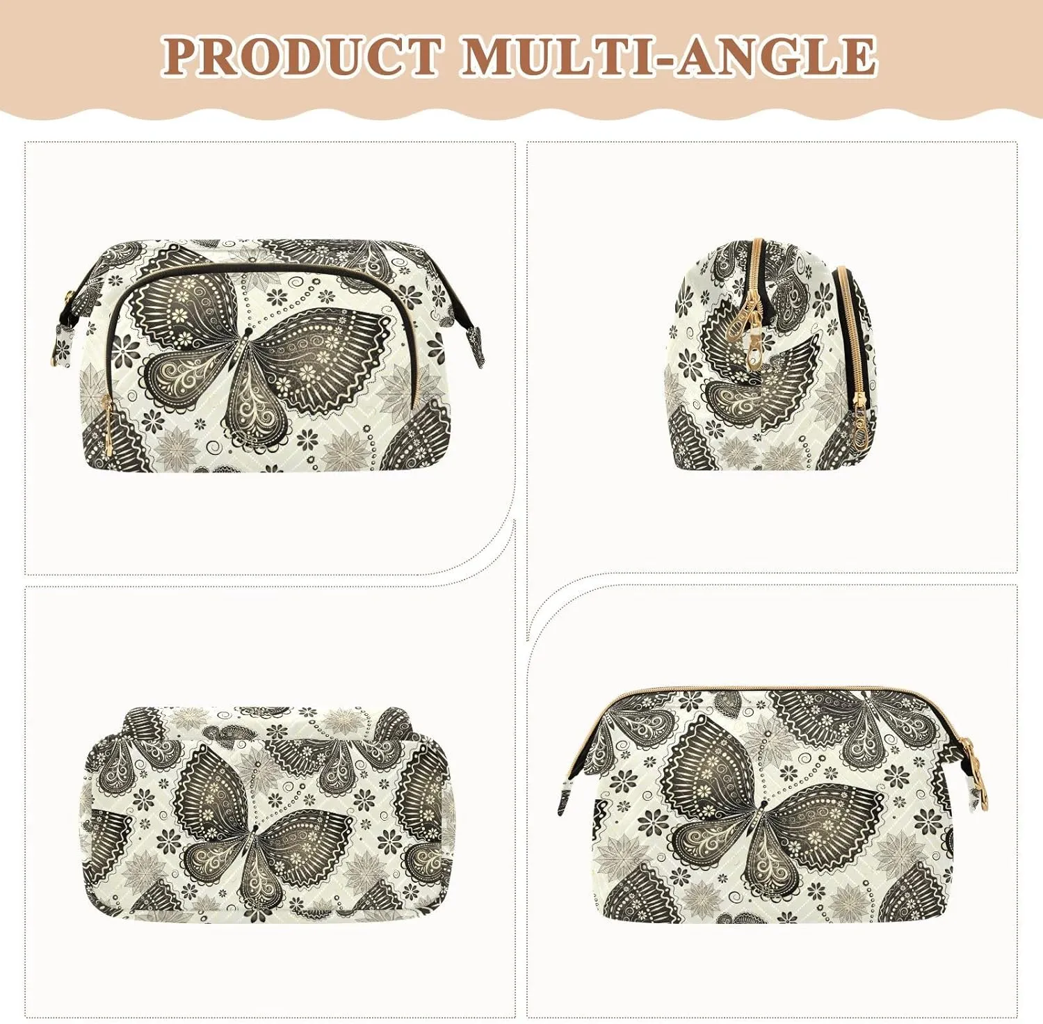Retro Vintage Butterflies and Floral Flowers on White Women Cosmetic Bag Makeup Bag Stylish Trip Beauty Bag Travel Toiletry Bag with Bottle Organizer 10.2 x 5.9 x 6.7 inch