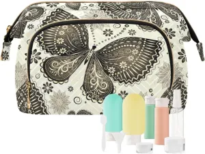 Retro Vintage Butterflies and Floral Flowers on White Women Cosmetic Bag Makeup Bag Stylish Trip Beauty Bag Travel Toiletry Bag with Bottle Organizer 10.2 x 5.9 x 6.7 inch
