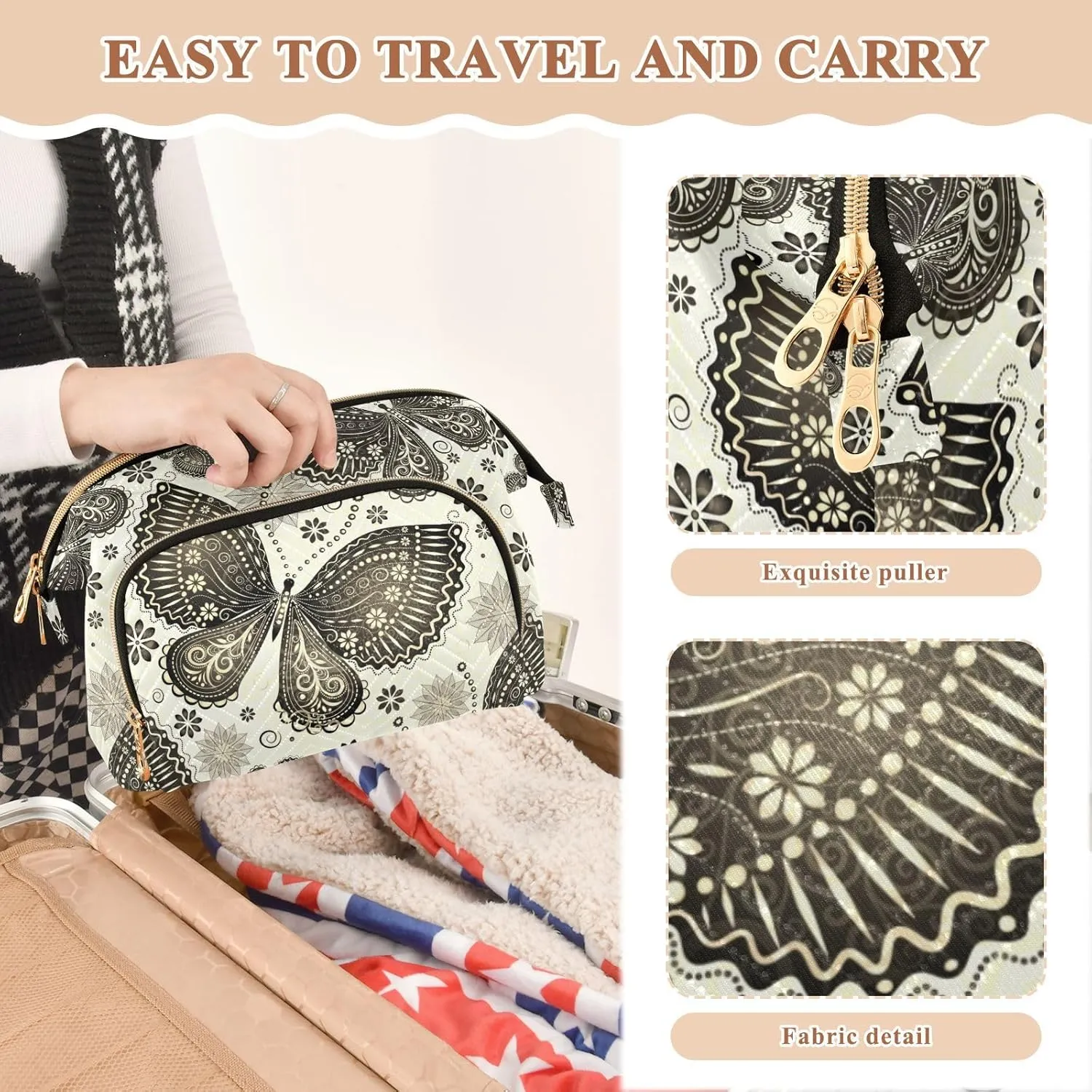 Retro Vintage Butterflies and Floral Flowers on White Women Cosmetic Bag Makeup Bag Stylish Trip Beauty Bag Travel Toiletry Bag with Bottle Organizer 10.2 x 5.9 x 6.7 inch
