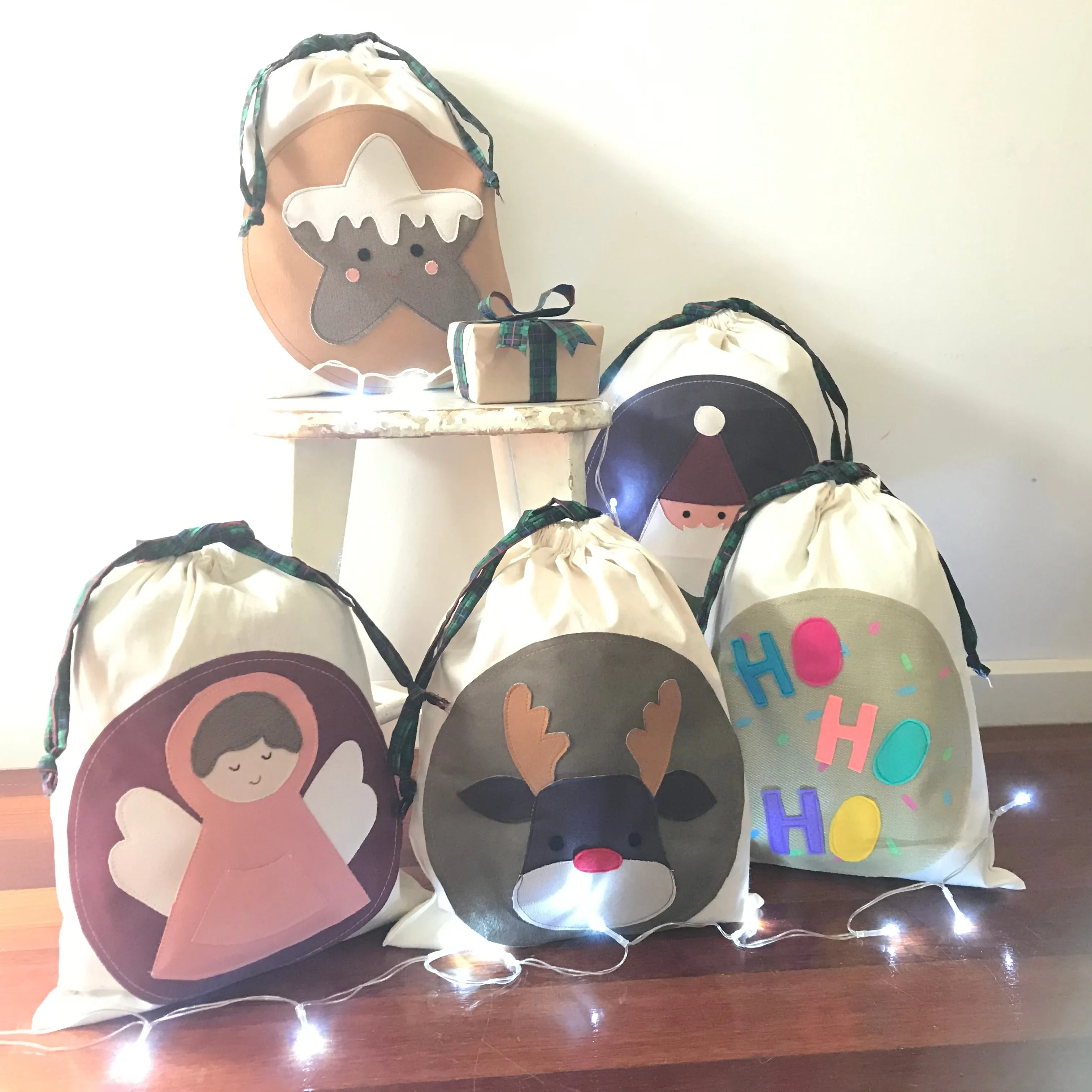Reusable Eco Sustainable applique Christmas Gift Drawstring Sack Bags