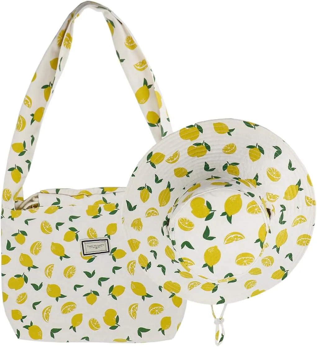 Reversible Bucket Hat Beach Bag Set Printed Wide Brim UV Protection Foldable Sun Hat Handbag Shoulder Bag Set for Travel
