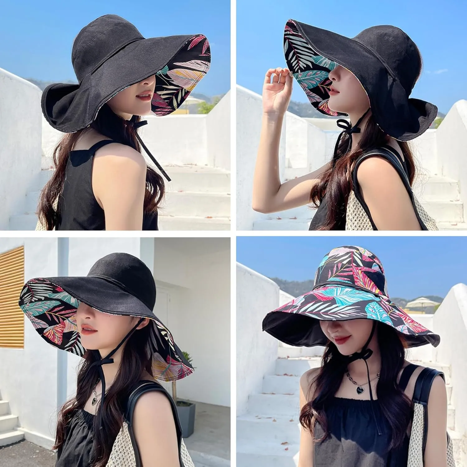 Reversible Floral Wide Brim Sun Hats for Women Packable UV Protection Hat Large Wired Edge Summer Beach Bucket Hat