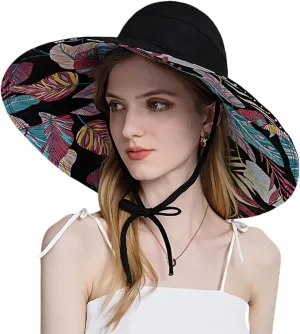 Reversible Floral Wide Brim Sun Hats for Women Packable UV Protection Hat Large Wired Edge Summer Beach Bucket Hat