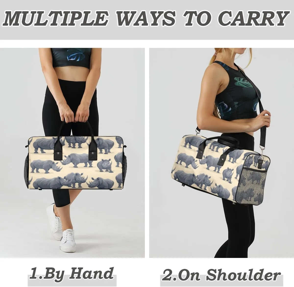 Rhinocero Travel Duffle Bag for Women Men Foldable Waterproof Weekender Bag Carry on Tote for Overnight Sports Gym Rhino Pattern
