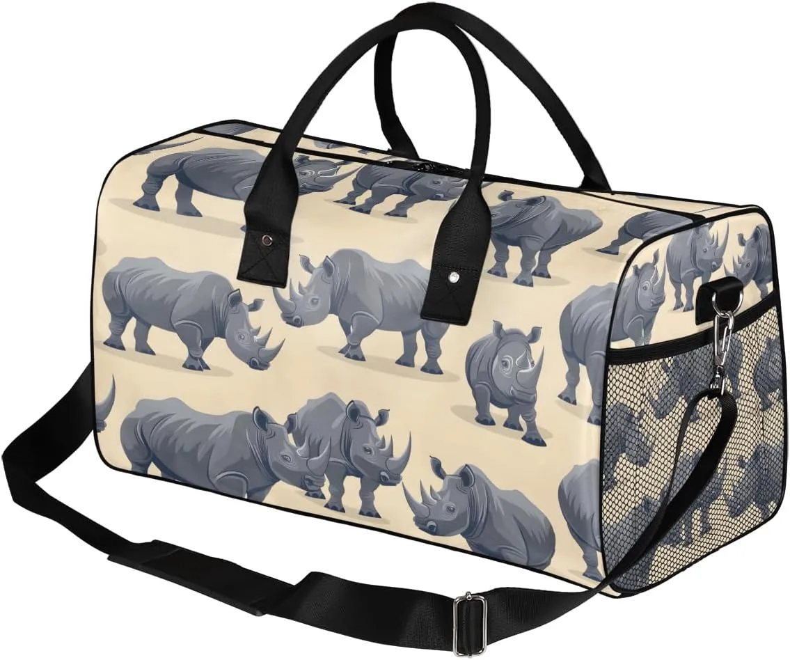 Rhinocero Travel Duffle Bag for Women Men Foldable Waterproof Weekender Bag Carry on Tote for Overnight Sports Gym Rhino Pattern