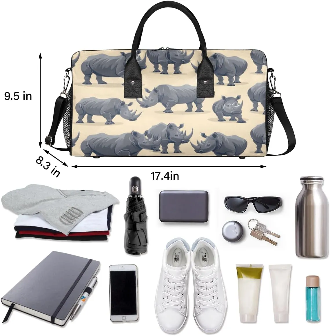 Rhinocero Travel Duffle Bag for Women Men Foldable Waterproof Weekender Bag Carry on Tote for Overnight Sports Gym Rhino Pattern