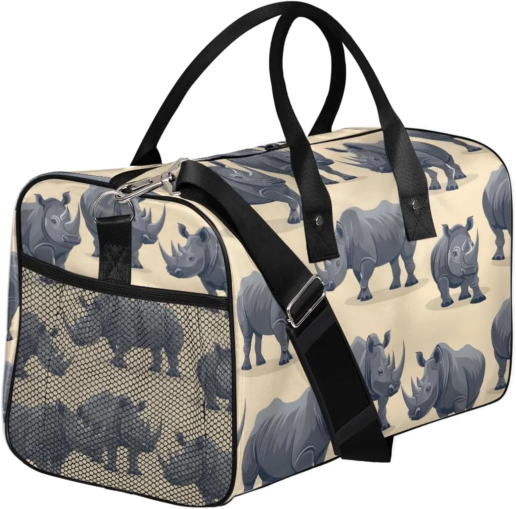 Rhinocero Travel Duffle Bag for Women Men Foldable Waterproof Weekender Bag Carry on Tote for Overnight Sports Gym Rhino Pattern