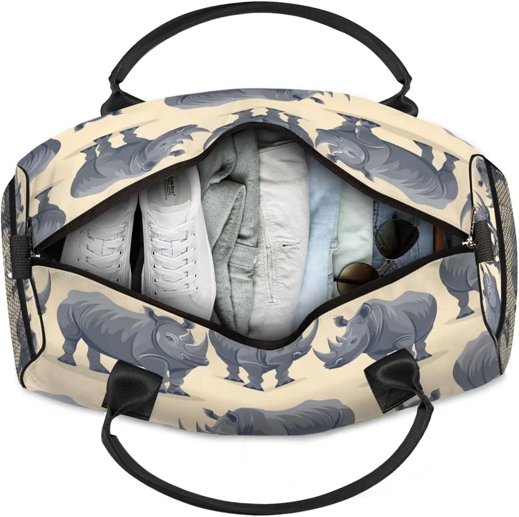 Rhinocero Travel Duffle Bag for Women Men Foldable Waterproof Weekender Bag Carry on Tote for Overnight Sports Gym Rhino Pattern
