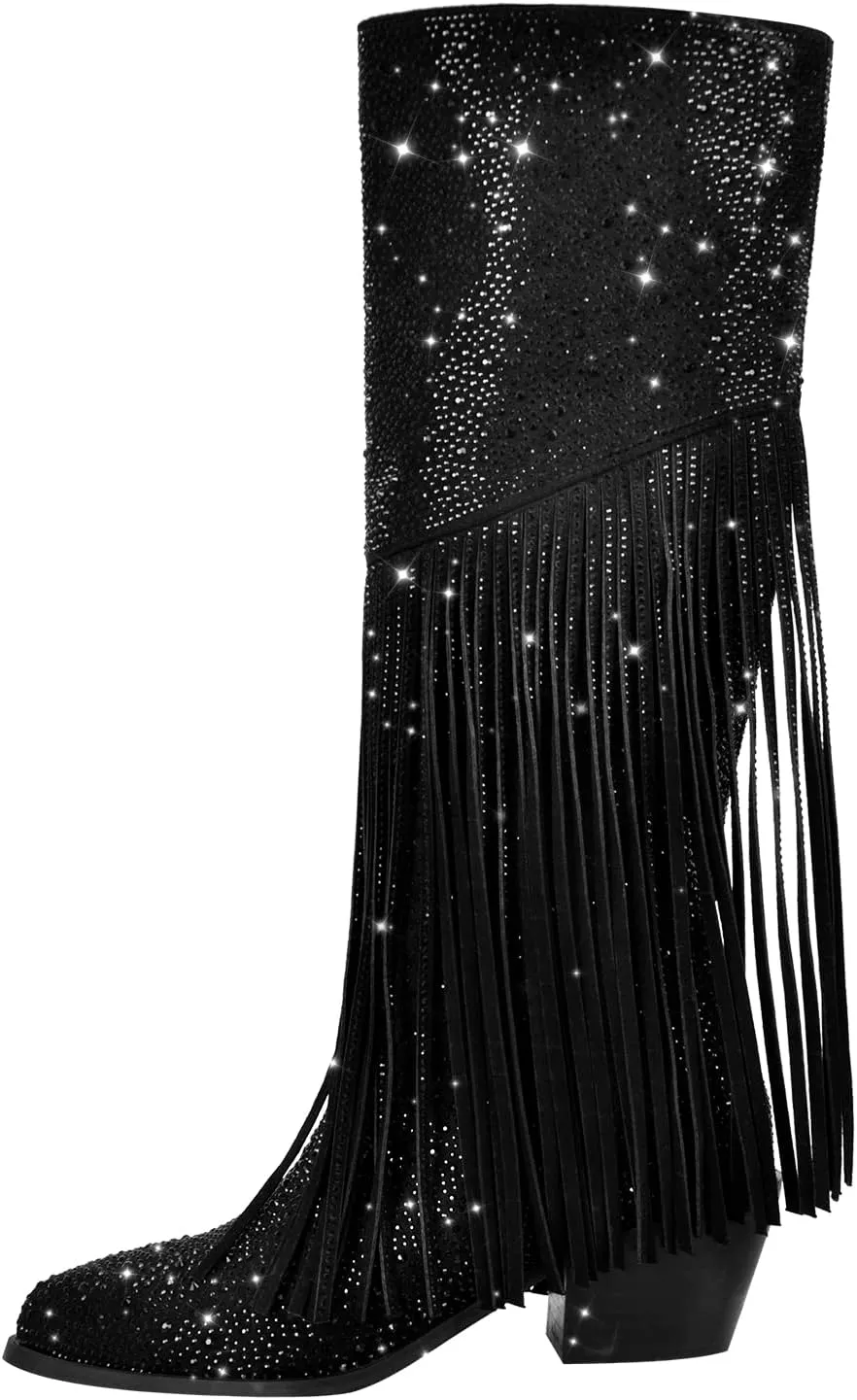 richealnini Embellished Rhinestones Knee High Boots with Fringe and Zippers Side Zip Up Stacked Heels Long Booties Wedding Bridal Shoes