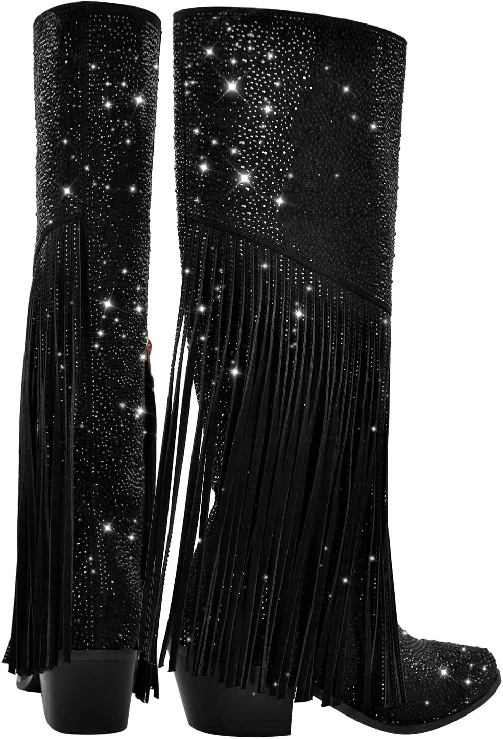 richealnini Embellished Rhinestones Knee High Boots with Fringe and Zippers Side Zip Up Stacked Heels Long Booties Wedding Bridal Shoes