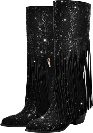 richealnini Embellished Rhinestones Knee High Boots with Fringe and Zippers Side Zip Up Stacked Heels Long Booties Wedding Bridal Shoes