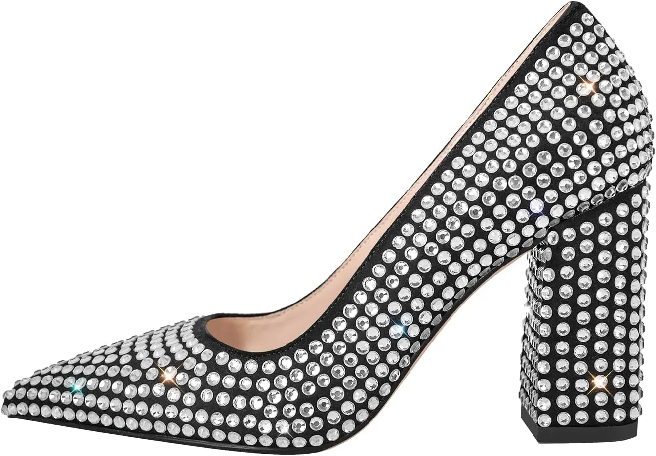 richealnini Slip On Pumps with Rhinestones Studded Crystals Pointed Toe Shoes Diamante Heels Wedding Party Dress
