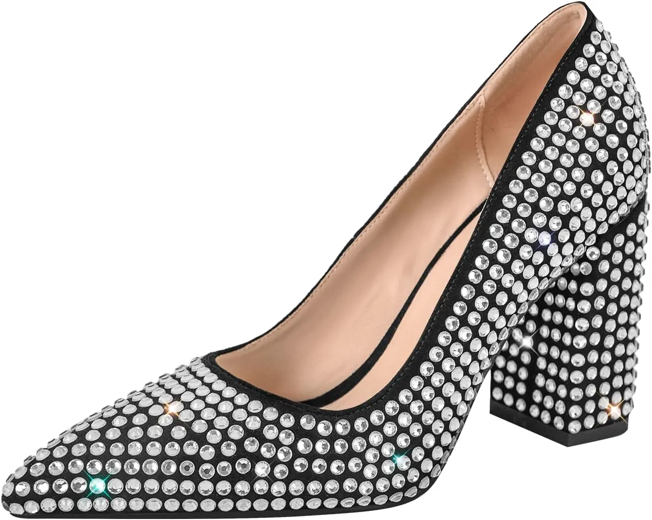 richealnini Slip On Pumps with Rhinestones Studded Crystals Pointed Toe Shoes Diamante Heels Wedding Party Dress
