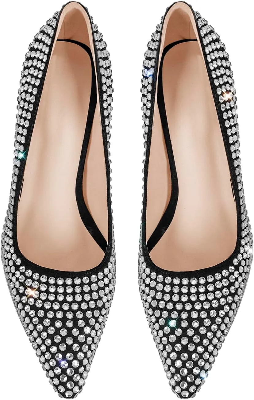 richealnini Slip On Pumps with Rhinestones Studded Crystals Pointed Toe Shoes Diamante Heels Wedding Party Dress