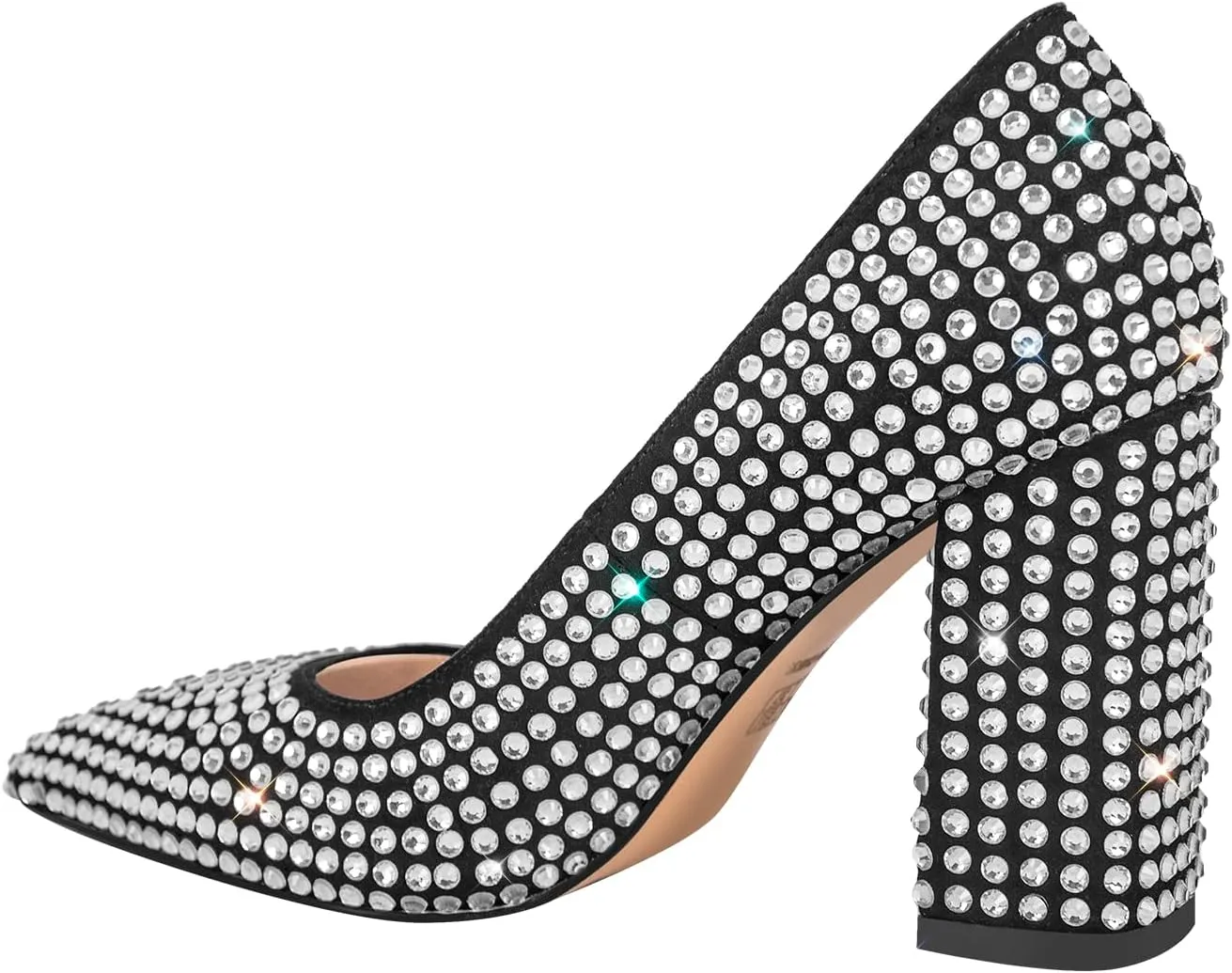 richealnini Slip On Pumps with Rhinestones Studded Crystals Pointed Toe Shoes Diamante Heels Wedding Party Dress