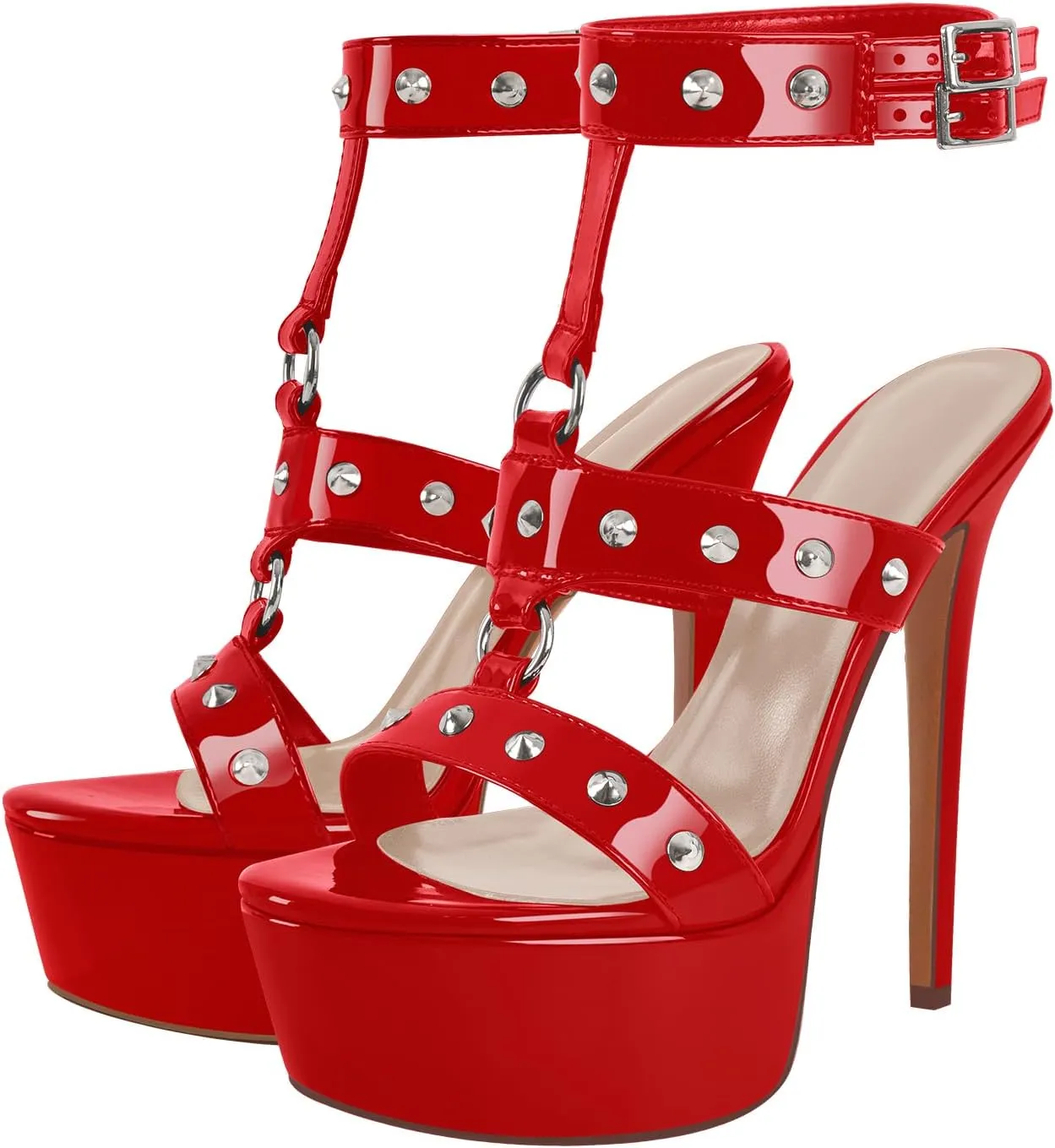 richealnini Studded Rivets Heels for Women T-strap Punk Gothic Sandals Gladiator with Platform Sky High Stiletto Heels