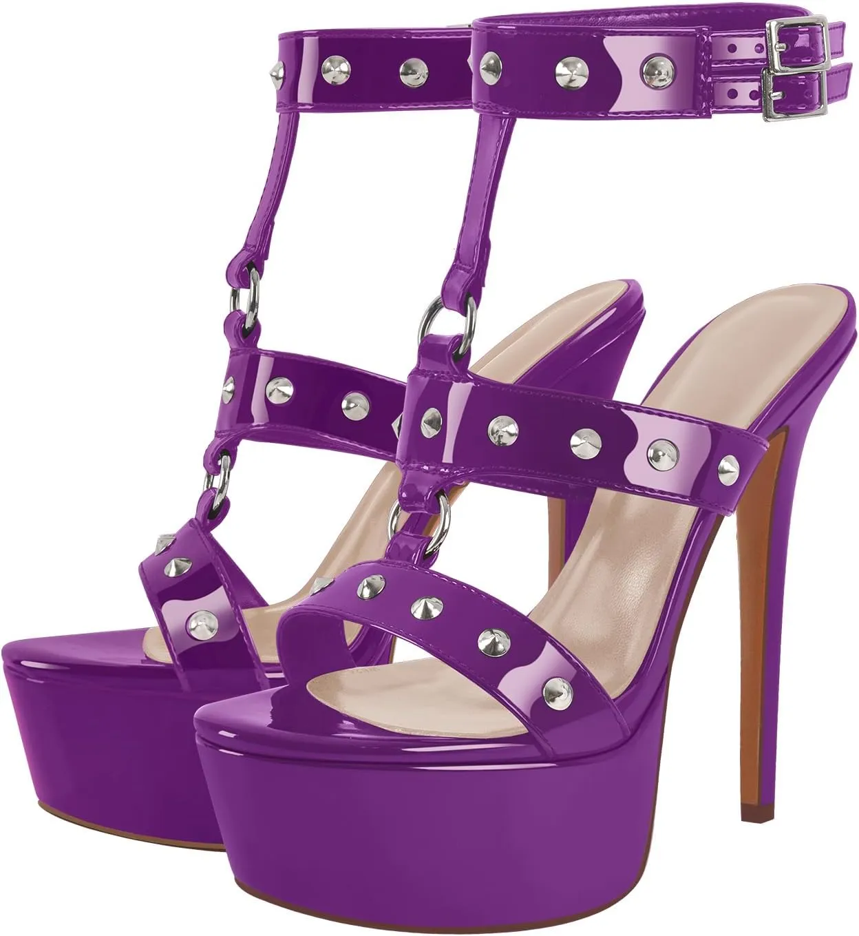 richealnini Studded Rivets Heels for Women T-strap Punk Gothic Sandals Gladiator with Platform Sky High Stiletto Heels