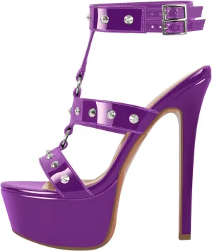 richealnini Studded Rivets Heels for Women T-strap Punk Gothic Sandals Gladiator with Platform Sky High Stiletto Heels