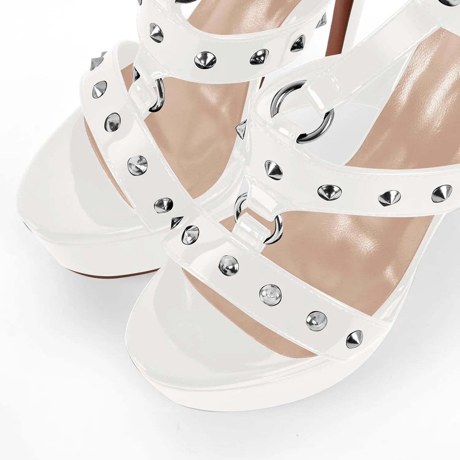 richealnini Studded Rivets Heels for Women T-strap Punk Gothic Sandals Gladiator with Platform Sky High Stiletto Heels