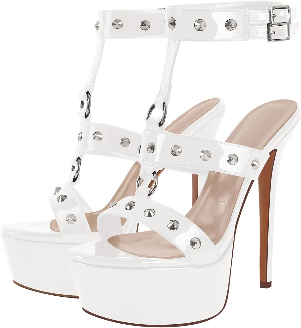 richealnini Studded Rivets Heels for Women T-strap Punk Gothic Sandals Gladiator with Platform Sky High Stiletto Heels