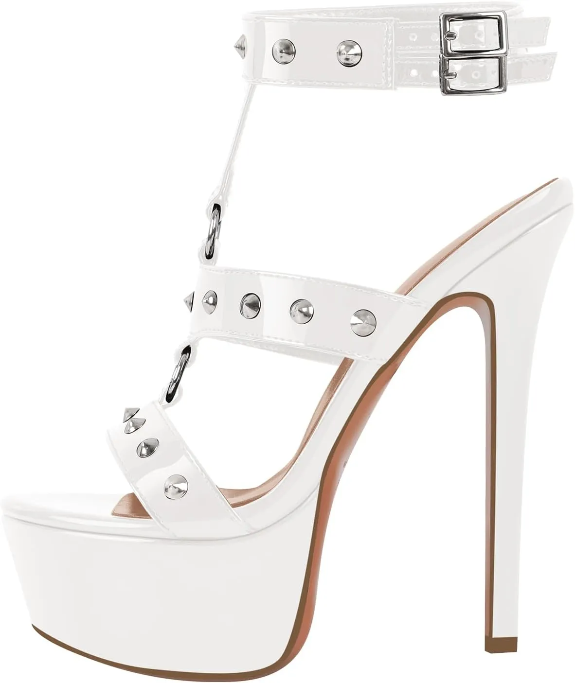 richealnini Studded Rivets Heels for Women T-strap Punk Gothic Sandals Gladiator with Platform Sky High Stiletto Heels