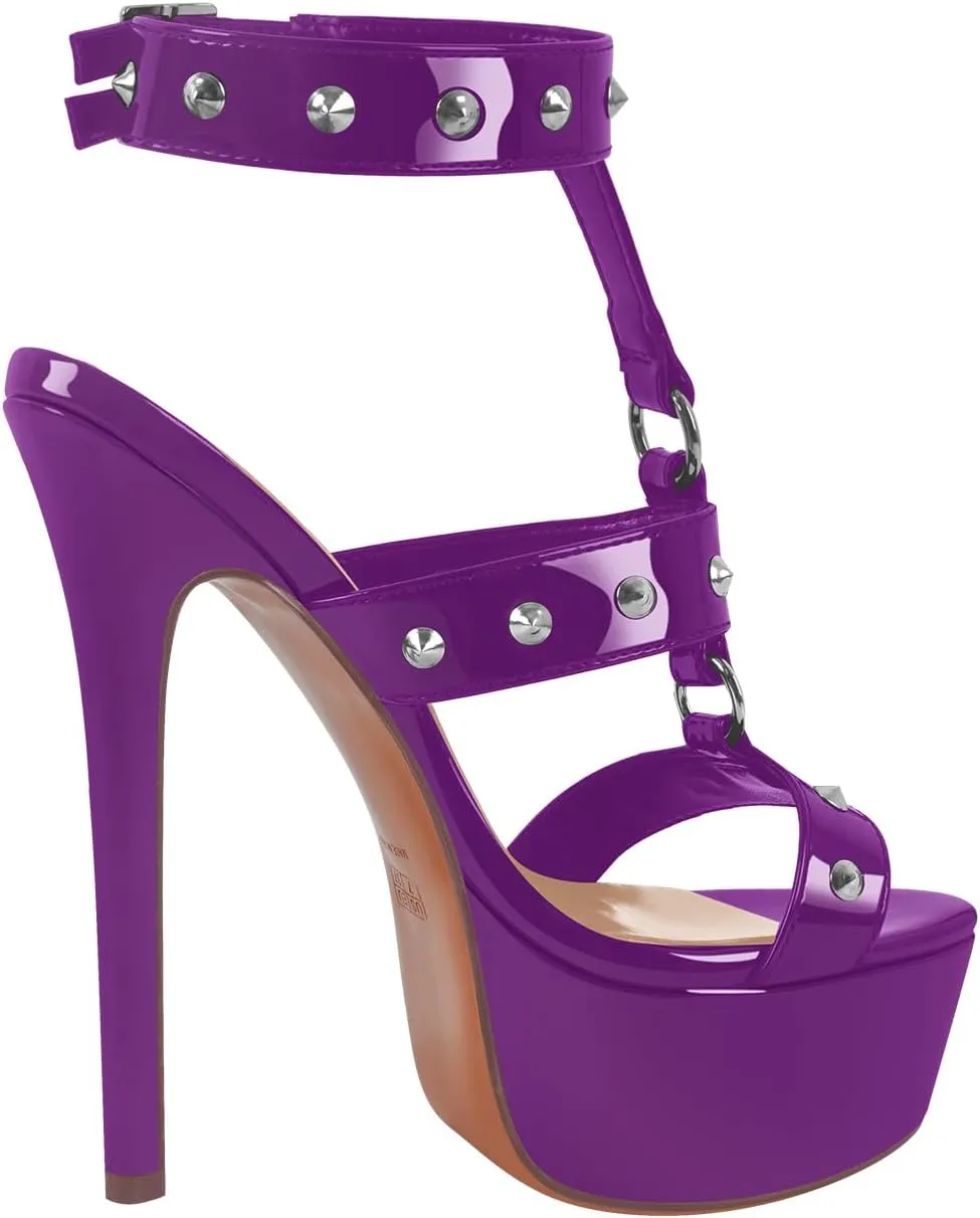 richealnini Studded Rivets Heels for Women T-strap Punk Gothic Sandals Gladiator with Platform Sky High Stiletto Heels