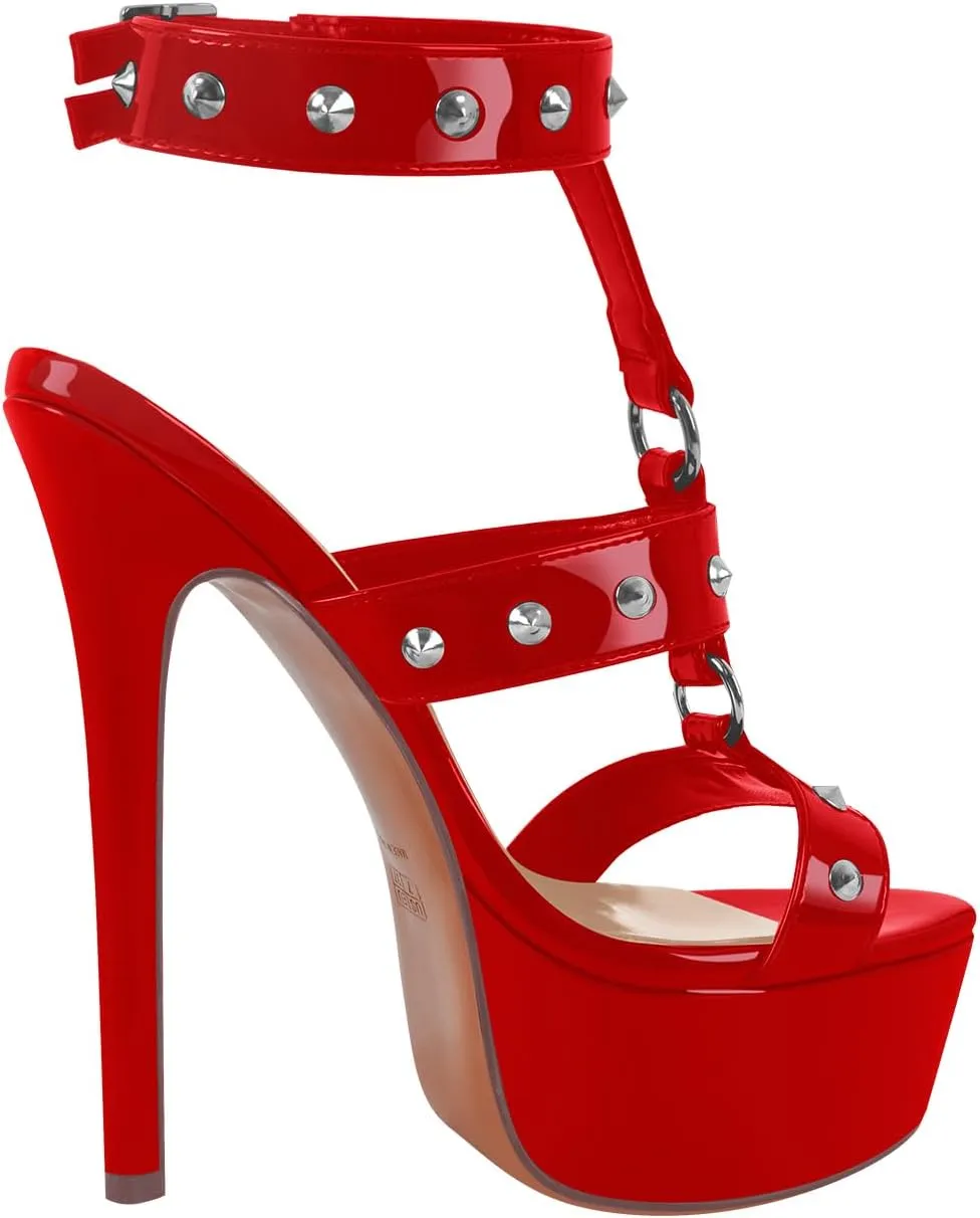 richealnini Studded Rivets Heels for Women T-strap Punk Gothic Sandals Gladiator with Platform Sky High Stiletto Heels