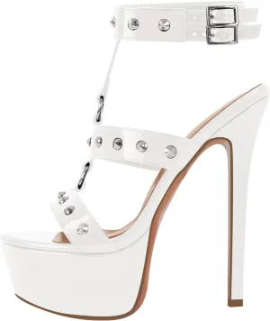 richealnini Studded Rivets Heels for Women T-strap Punk Gothic Sandals Gladiator with Platform Sky High Stiletto Heels