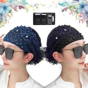 RJDJ Women's Floral Lace Headwrap, Pearl Embedded, 2pcs-D, Hair Accessories for Women, High Elastic Mesh, Spring Summer, Breathable, One Size Fits Most