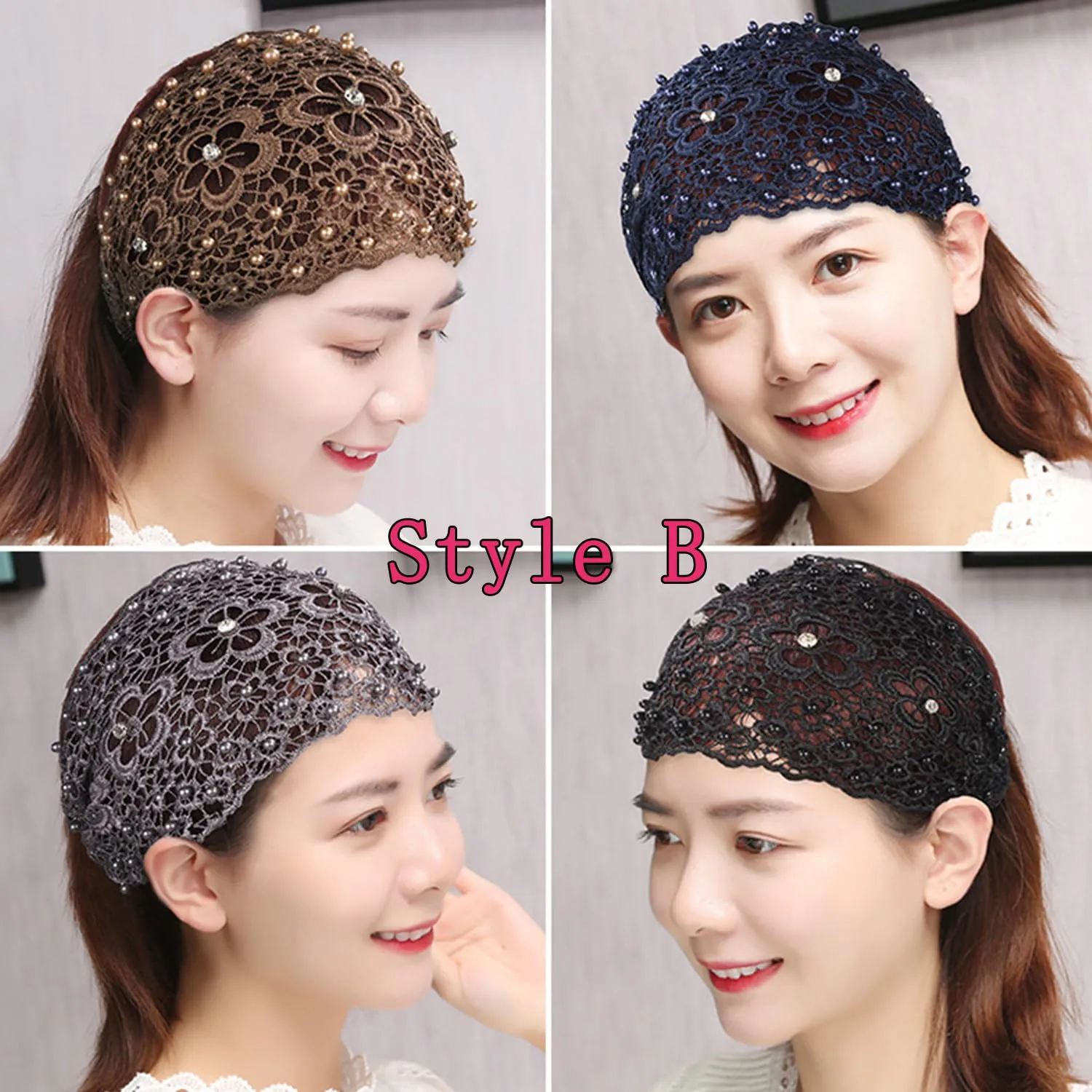 RJDJ Women's Floral Lace Headwrap, Pearl Embedded, 2pcs-D, Hair Accessories for Women, High Elastic Mesh, Spring Summer, Breathable, One Size Fits Most