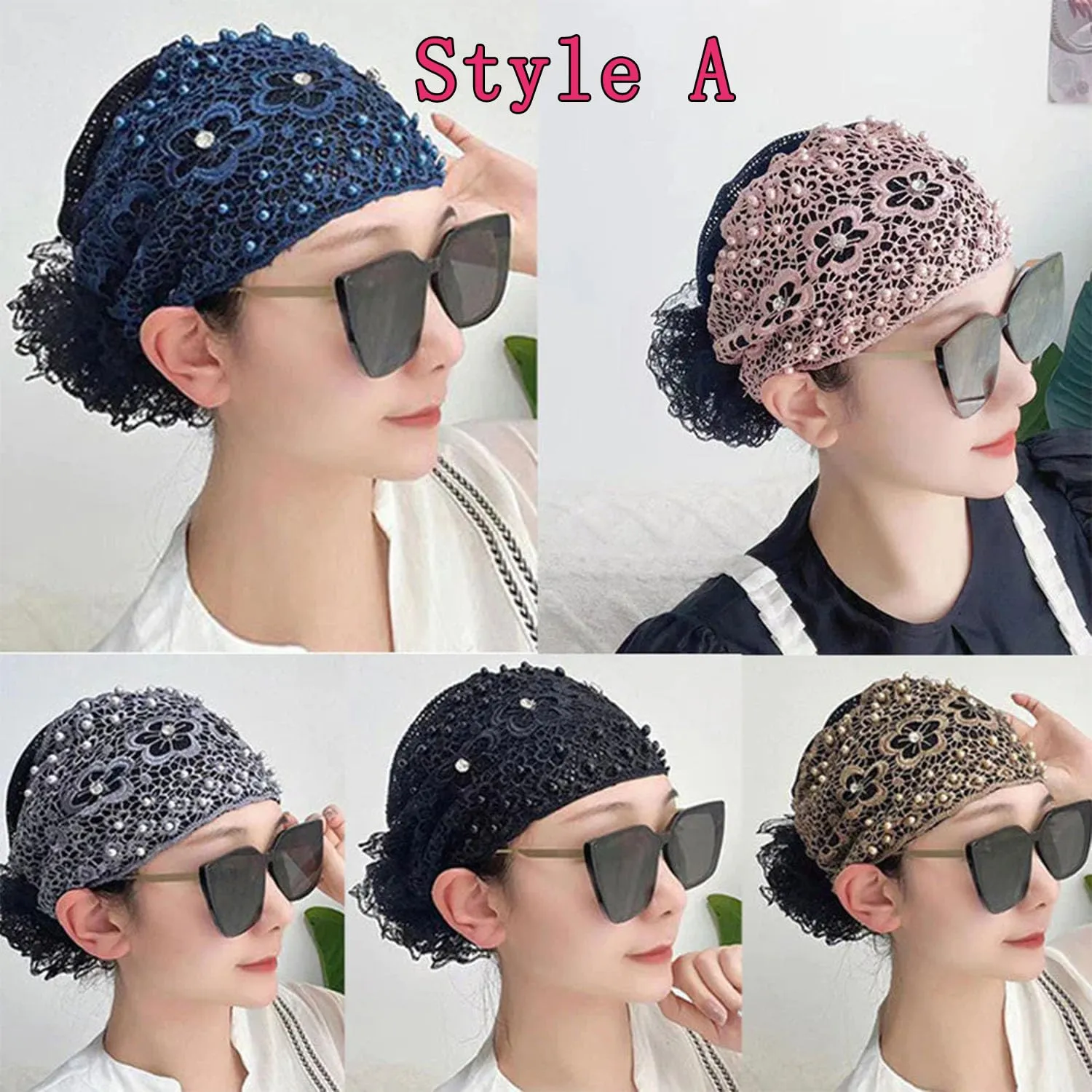 RJDJ Women's Floral Lace Headwrap, Pearl Embedded, 2pcs-D, Hair Accessories for Women, High Elastic Mesh, Spring Summer, Breathable, One Size Fits Most