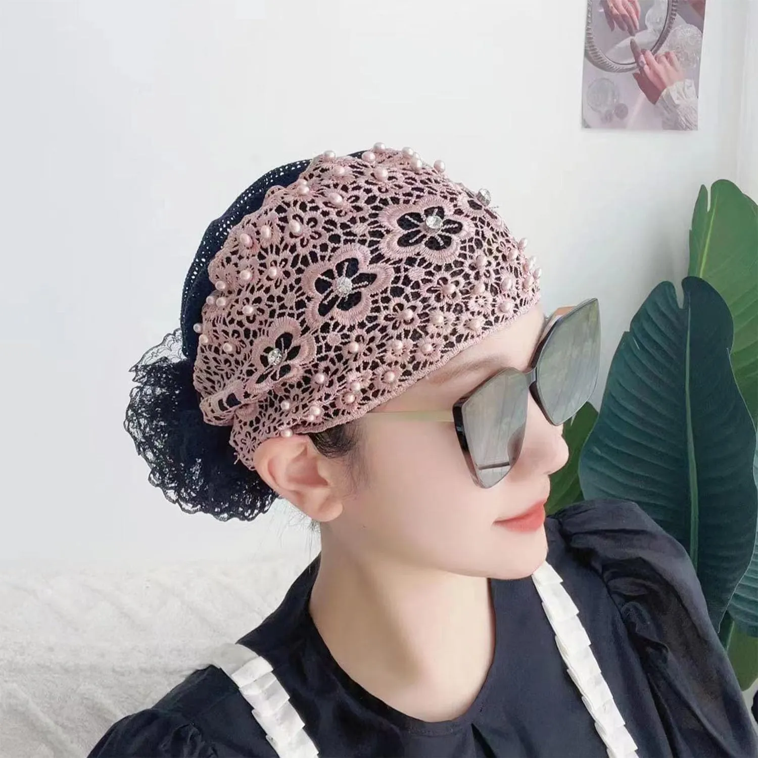RJDJ Women's Floral Lace Headwrap, Pearl Embedded, 2pcs-D, Hair Accessories for Women, High Elastic Mesh, Spring Summer, Breathable, One Size Fits Most