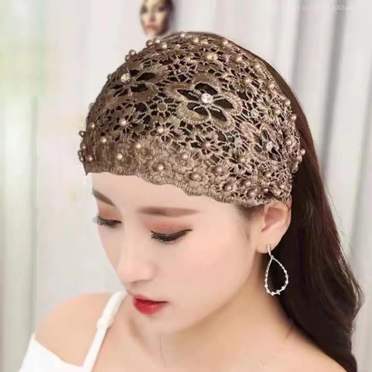 RJDJ Women's Floral Lace Headwrap, Pearl Embedded, 2pcs-D, Hair Accessories for Women, High Elastic Mesh, Spring Summer, Breathable, One Size Fits Most