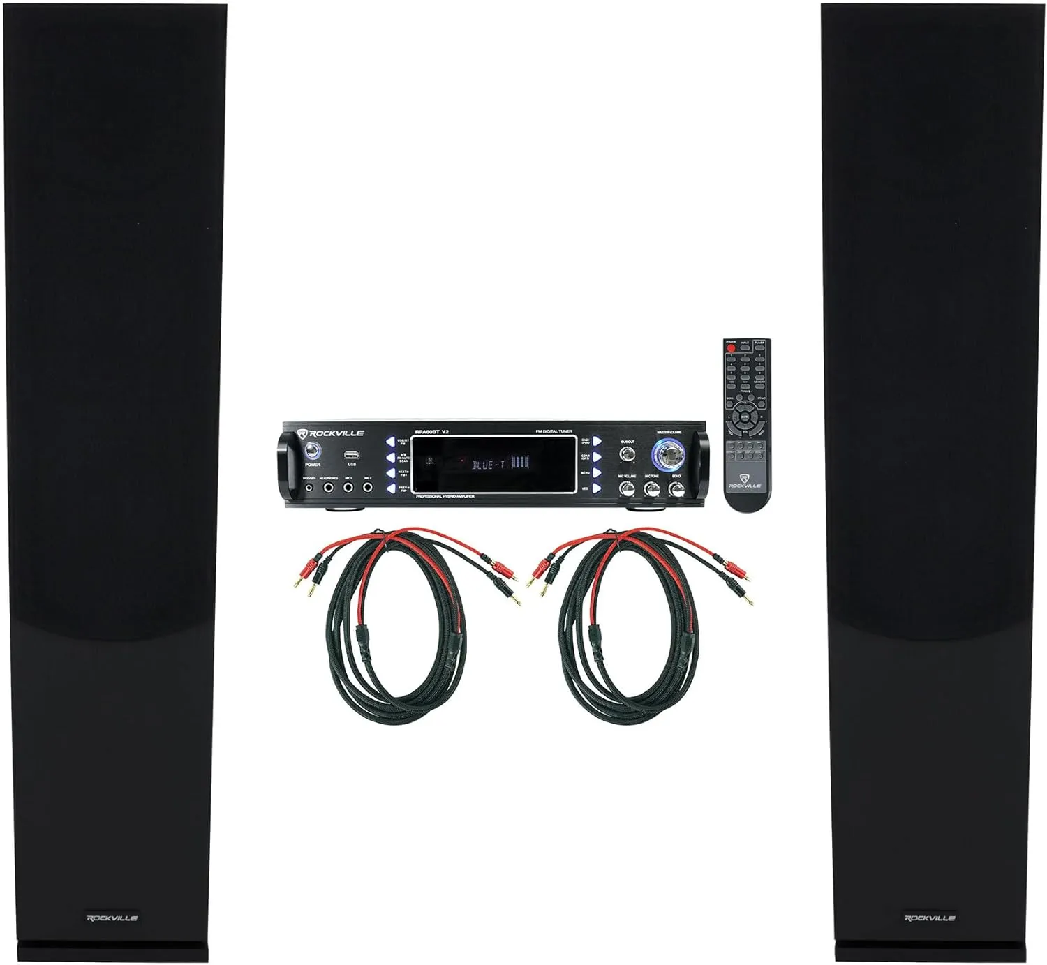 Rockville Bundle: (1) RPA60BT V2 1000W 2-Ch USB Bluetooth Amplifier Mixer (2) Lux 658 Black Dual 6.5" Premium Tower Speaker (2) BN10 10' 14 AWG OFC Copper Banana to Banana Braided Pro Cable (5 Item)