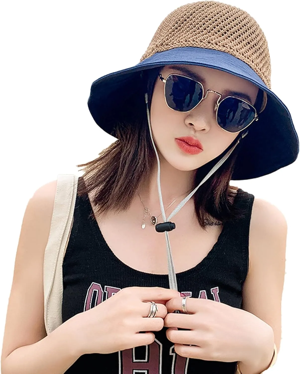 Roll Up Women's Girl's Floppy Summer Sun Beach Hat Foldable Wide Brim with Ribbon Fisherman Bucket Hat