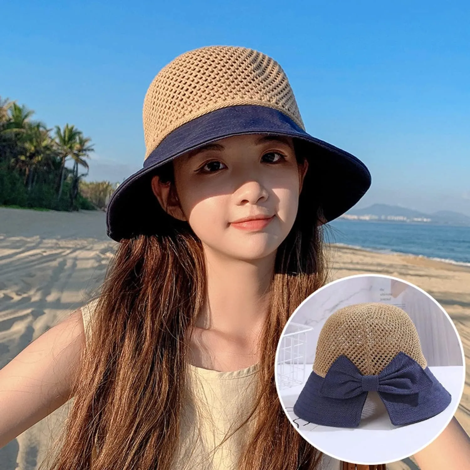 Roll Up Women's Girl's Floppy Summer Sun Beach Hat Foldable Wide Brim with Ribbon Fisherman Bucket Hat