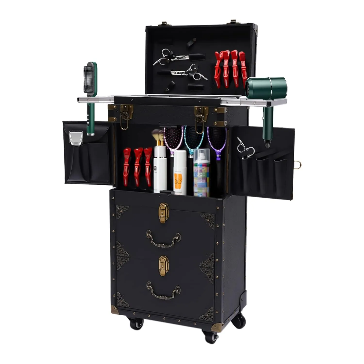Rolling Lockable Makeup Train Case Hairdressing Trolley,Black Stylist Beauty Salon Cosmetic Luggage Travel Organizer Tool Box with 4 Storage Compartments and Wheels,for Barber(Style E)