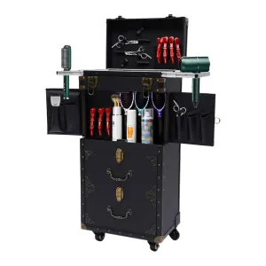 Rolling Lockable Makeup Train Case Hairdressing Trolley,Black Stylist Beauty Salon Cosmetic Luggage Travel Organizer Tool Box with 4 Storage Compartments and Wheels,for Barber(Style E)
